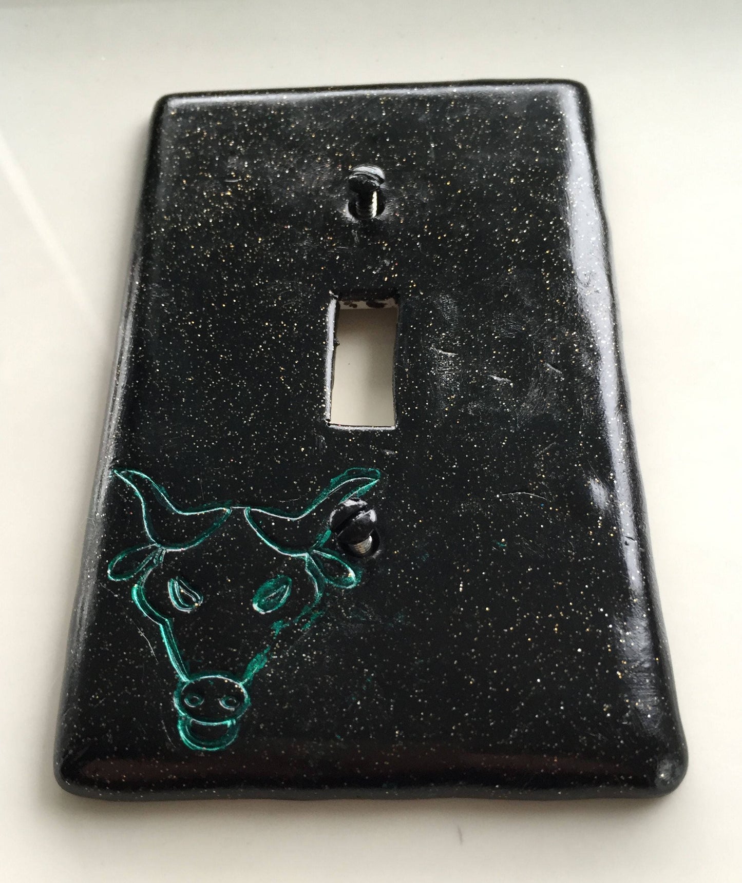 Taurus The Bull light switch plate cover for single toggle switch. black with glitter and metallic green bull CUSTOM COLORS AVAILABLE
