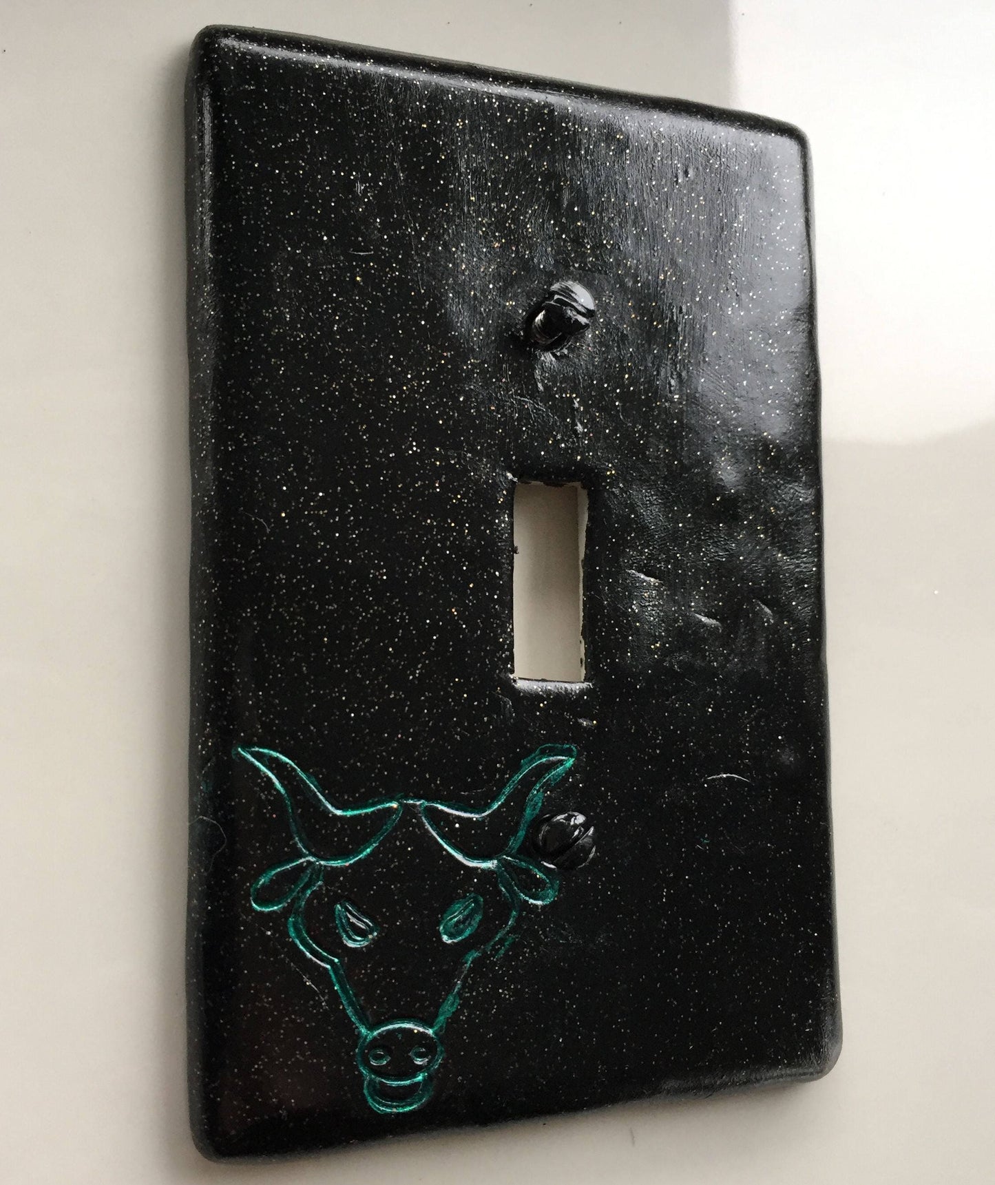 Taurus The Bull light switch plate cover for single toggle switch. black with glitter and metallic green bull CUSTOM COLORS AVAILABLE