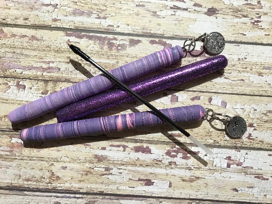 Beautiful purples and pinks refillable polymer clay pens. Scorpio and Saggitarius purple glitter pen, Zodiac pens