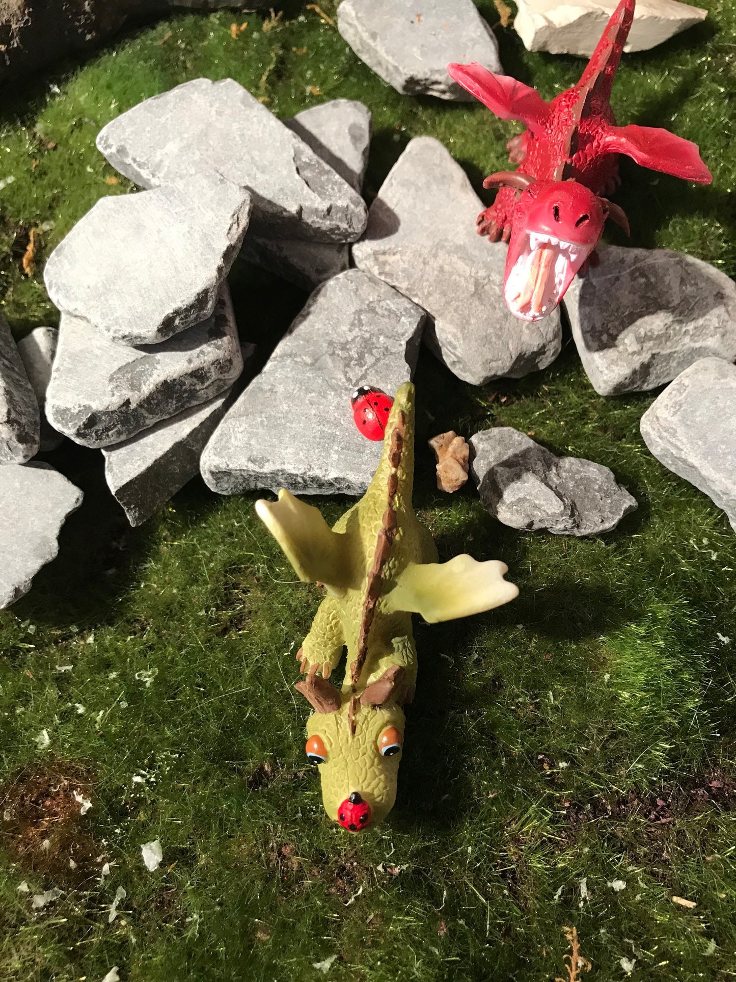 Sweet miniature green dragon with lady bug on his snout, fairy garden supplies, enchanted garden accessories, container garden, terrarium