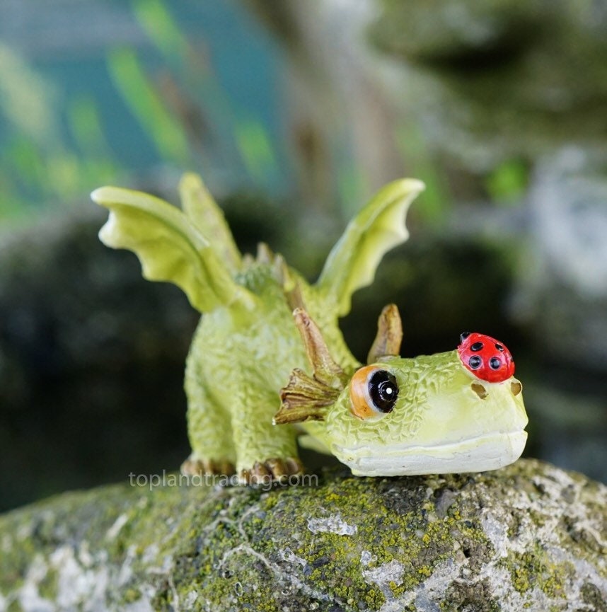 Sweet miniature green dragon with lady bug on his snout, fairy garden supplies, enchanted garden accessories, container garden, terrarium