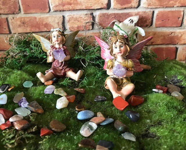 Miniature fairy garden fairy holding a crystal, two styles