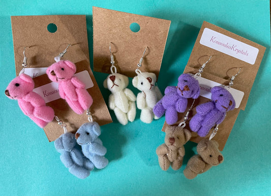 Sweet Teddy Bear earrings dangle earrings 5 colors blue, cream, lavender, tan, and pink earrings