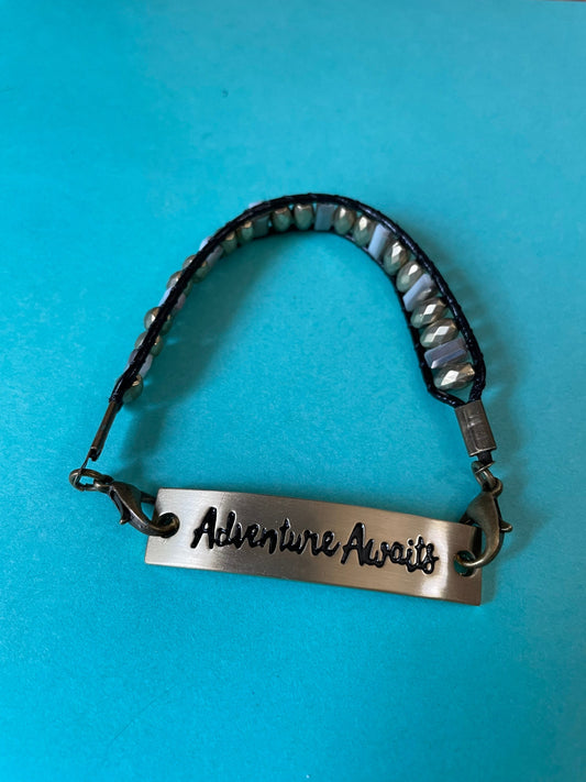 Cute antique gold bracelet with gold and white beads, “Adventure Awaits”!