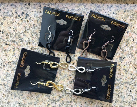 Beautiful Infinity symbol dangle earrings black copper gold or silver earrings