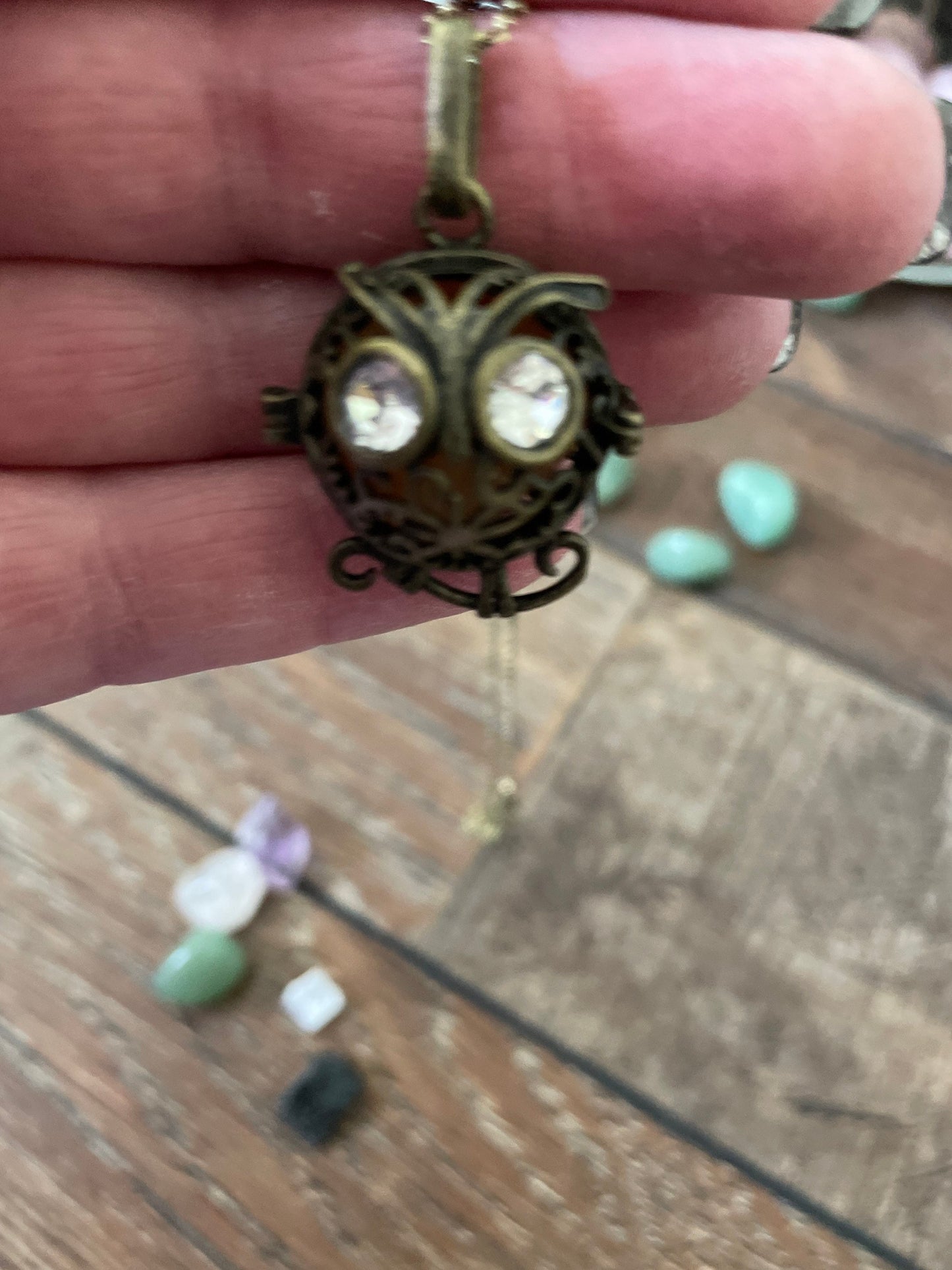Antique Gold Owl locket with 6 interchangeable crystals on 16” antique gold chain