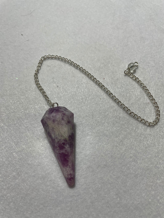 Beautiful Lepidolite Pendulum is  1.75” and with chain is 9”.