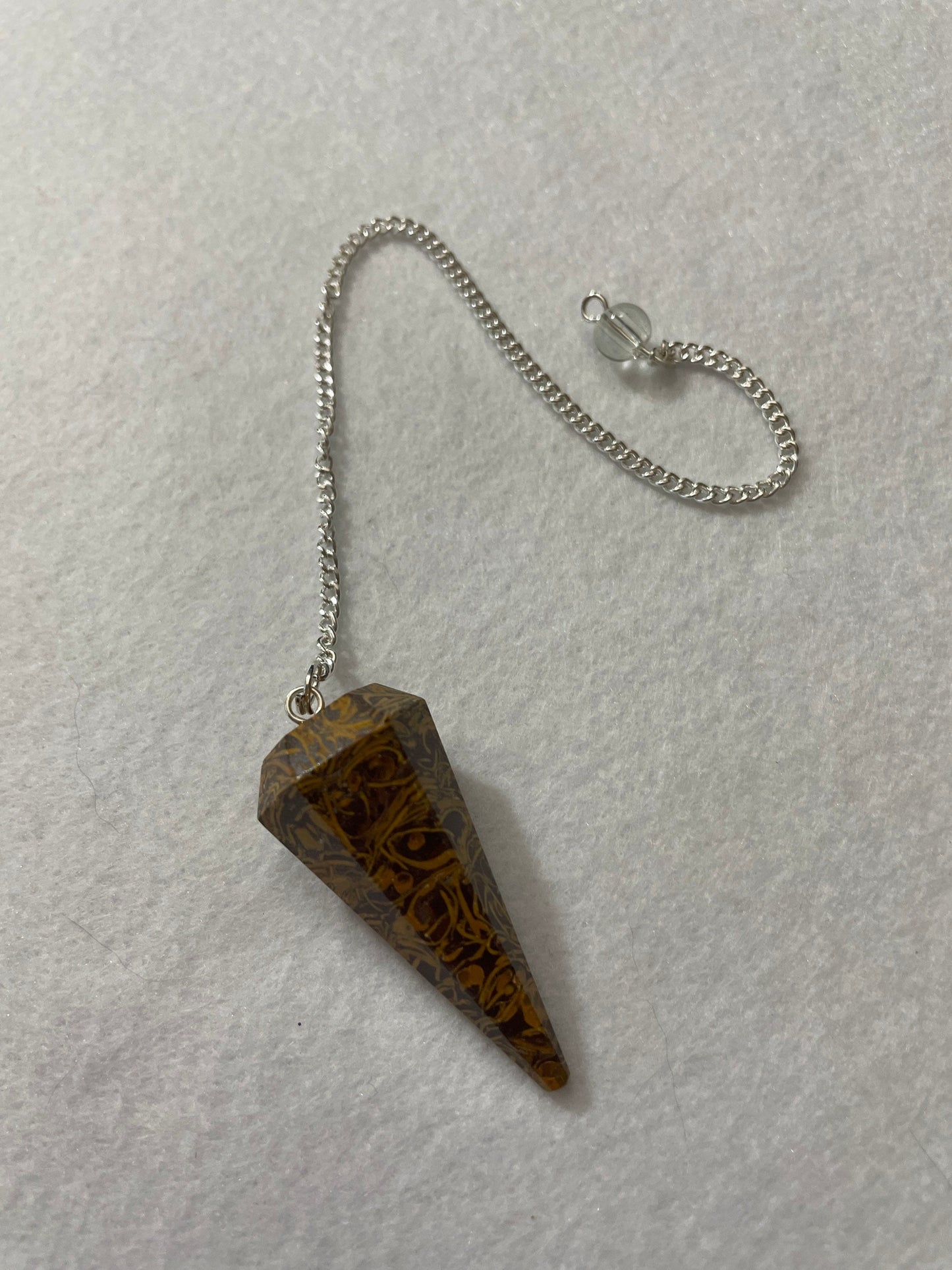 This Mariam Jasper Pendulum is  1.75” and with the chain is 8.5”.