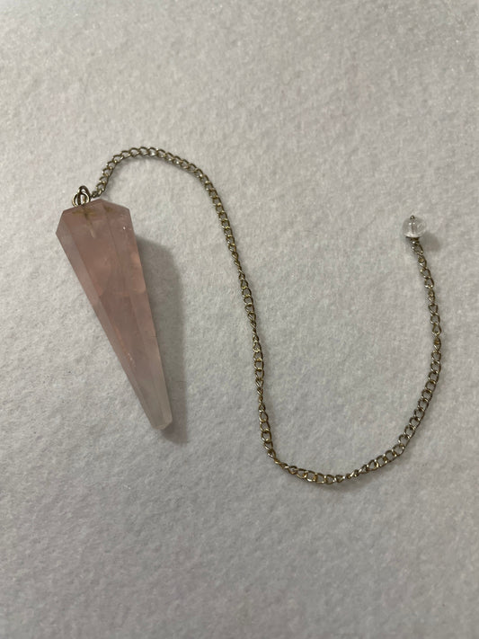 This beautiful Rose Quartz Pendulum is  1.75” and with chain is 8.75”