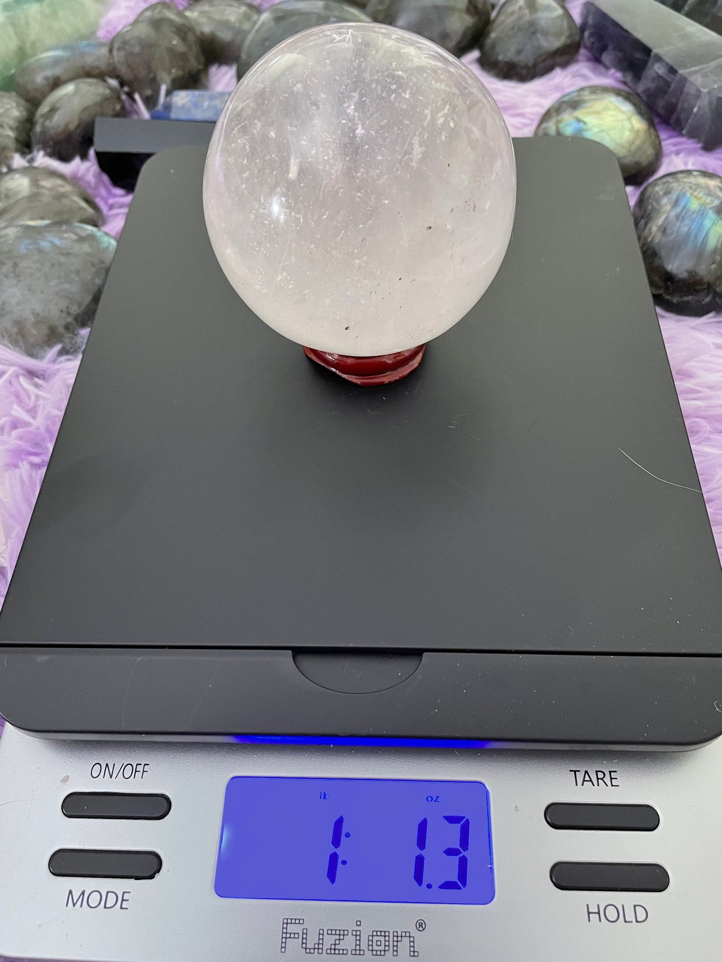 Beautiful 1 pound clear quartz sphere crystal ball with wooden stand