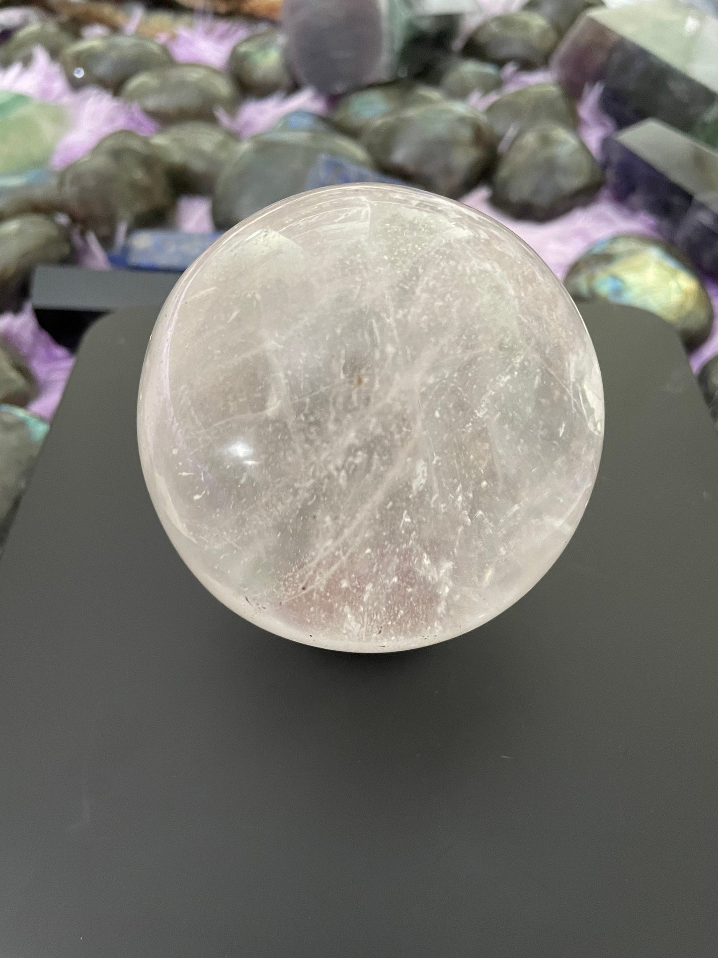 Beautiful 1 pound clear quartz sphere crystal ball with wooden stand