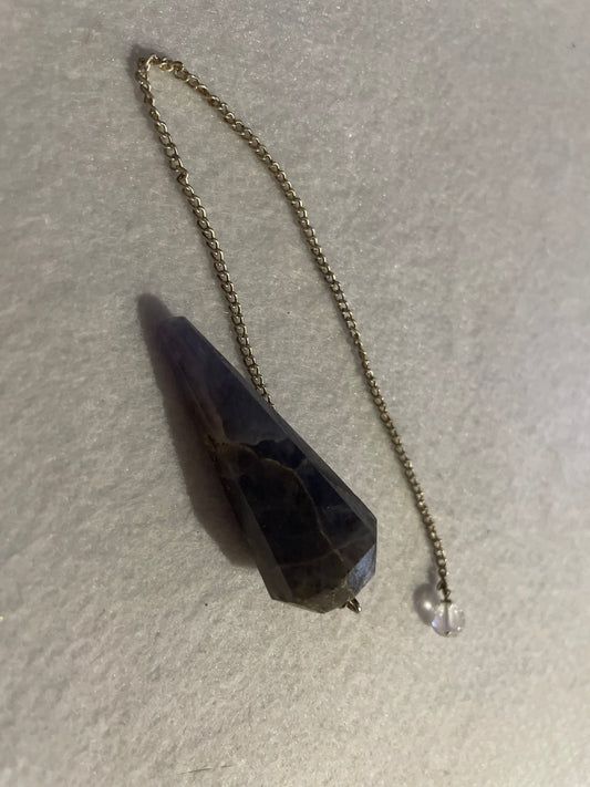 Pretty Blue Chalcedony pendulum is approximately 1.75” and with chain is 9” total length