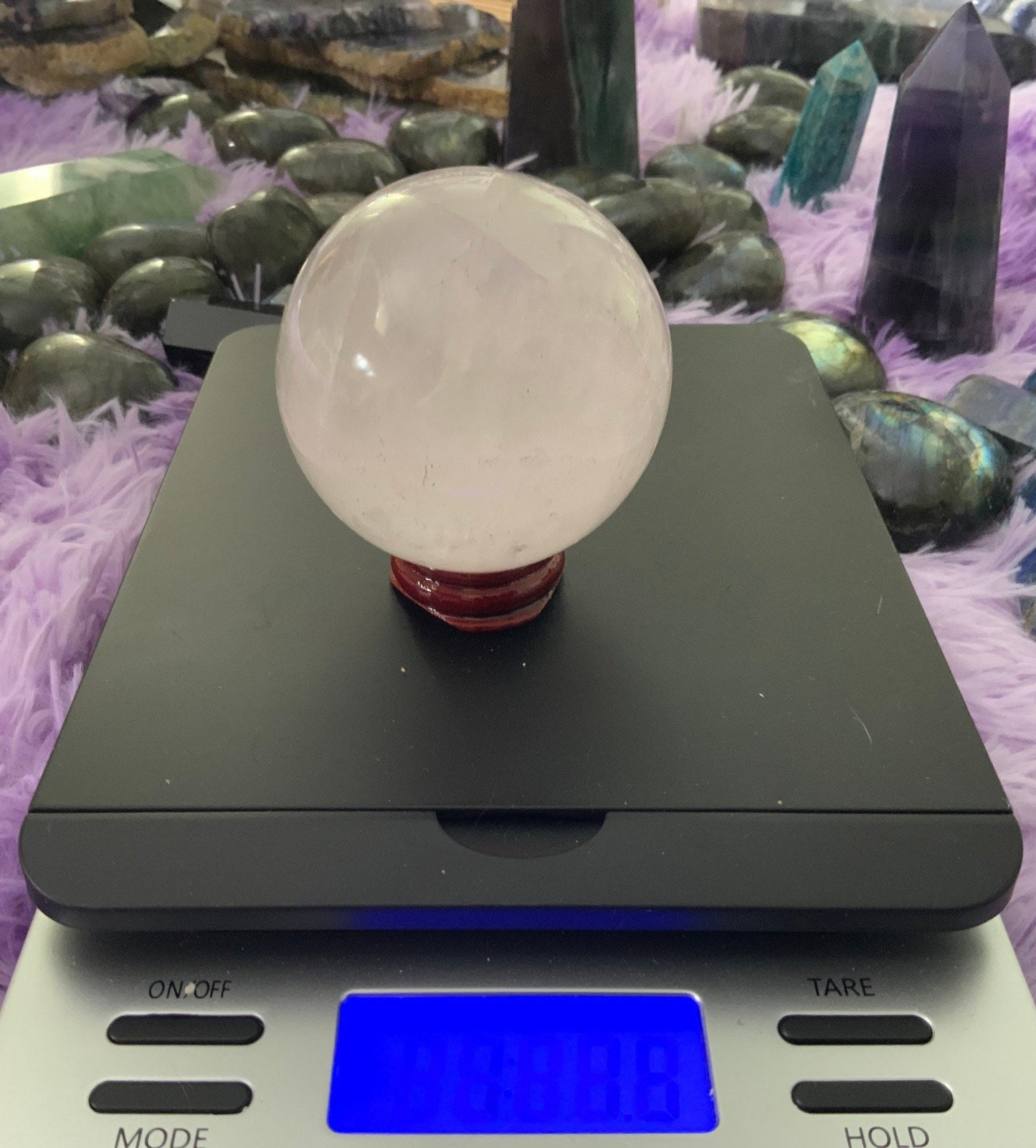 Beautiful 1 pound clear quartz sphere crystal ball with wooden stand