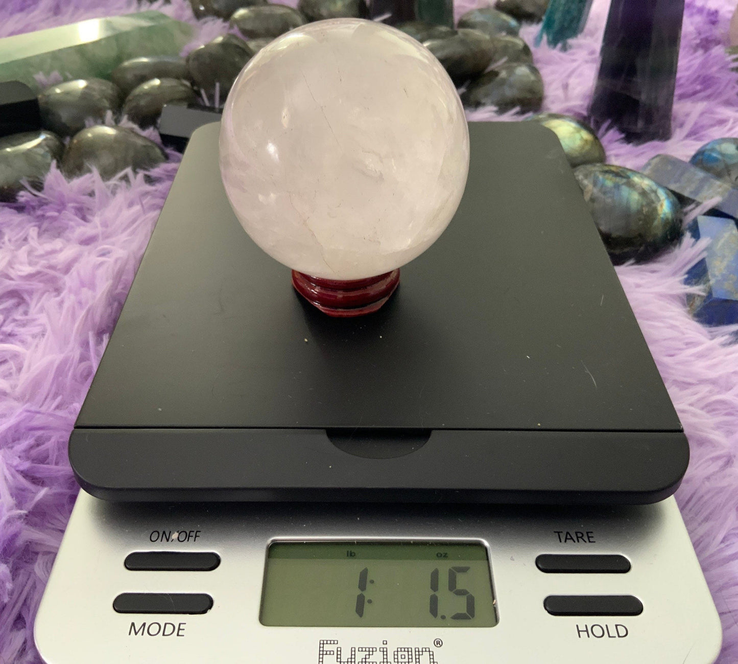 Beautiful 1 pound clear quartz sphere crystal ball with wooden stand