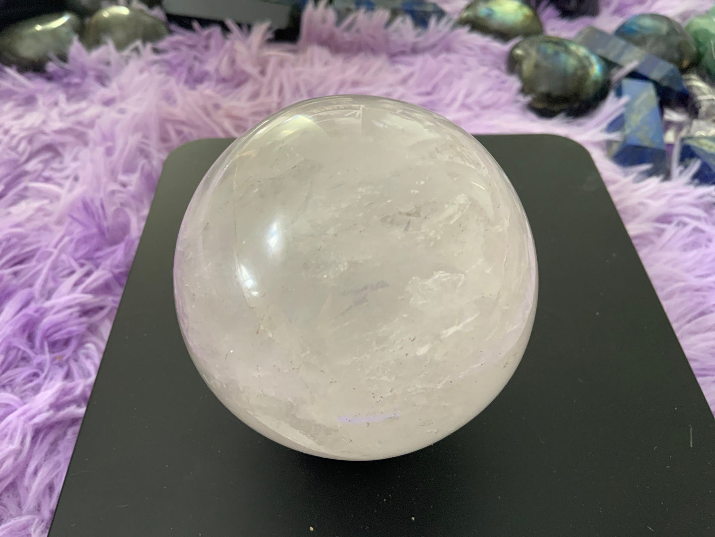 Beautiful 1 pound clear quartz sphere crystal ball with wooden stand