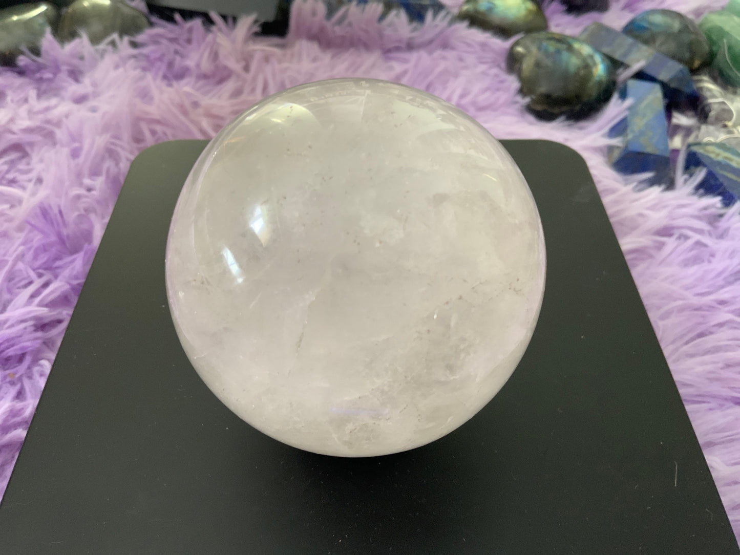 Beautiful 1 pound clear quartz sphere crystal ball with wooden stand