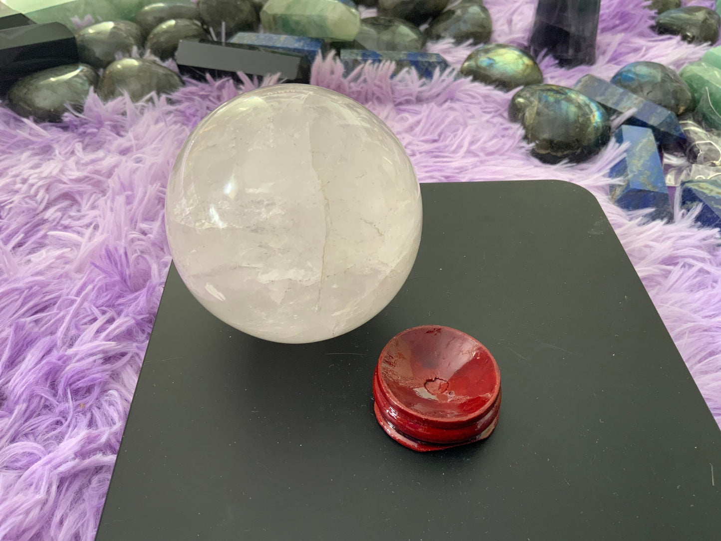 Beautiful 1 pound clear quartz sphere crystal ball with wooden stand