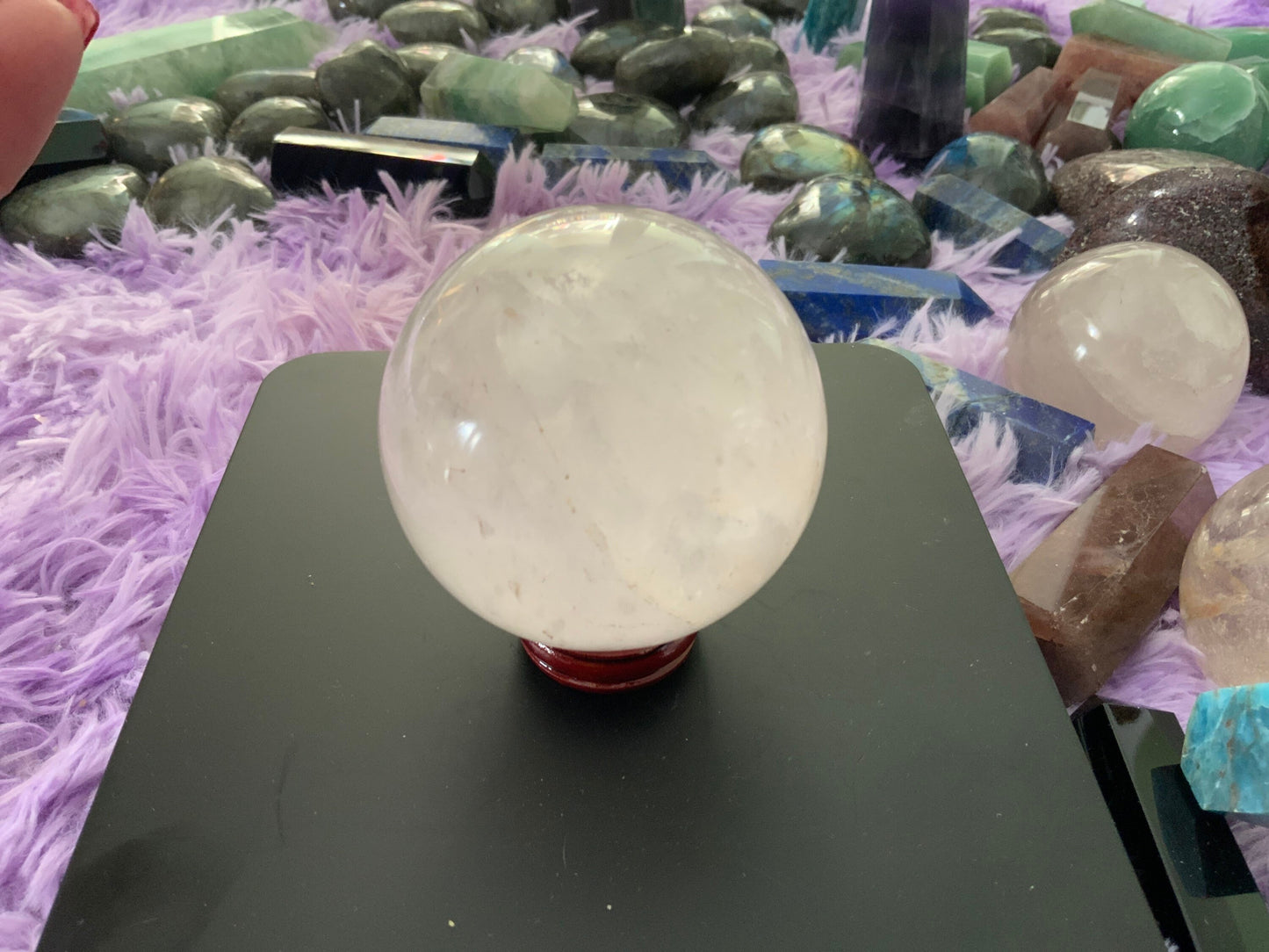 Beautiful 1 pound clear quartz sphere crystal ball with wooden stand