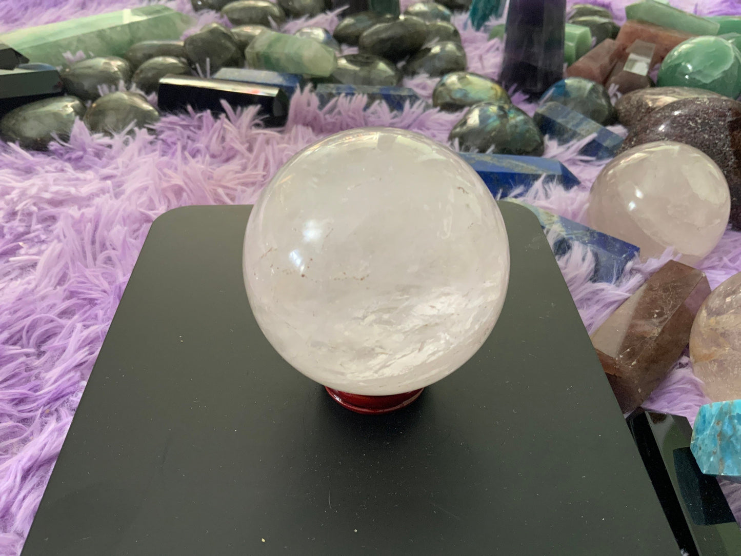 Beautiful 1 pound clear quartz sphere crystal ball with wooden stand