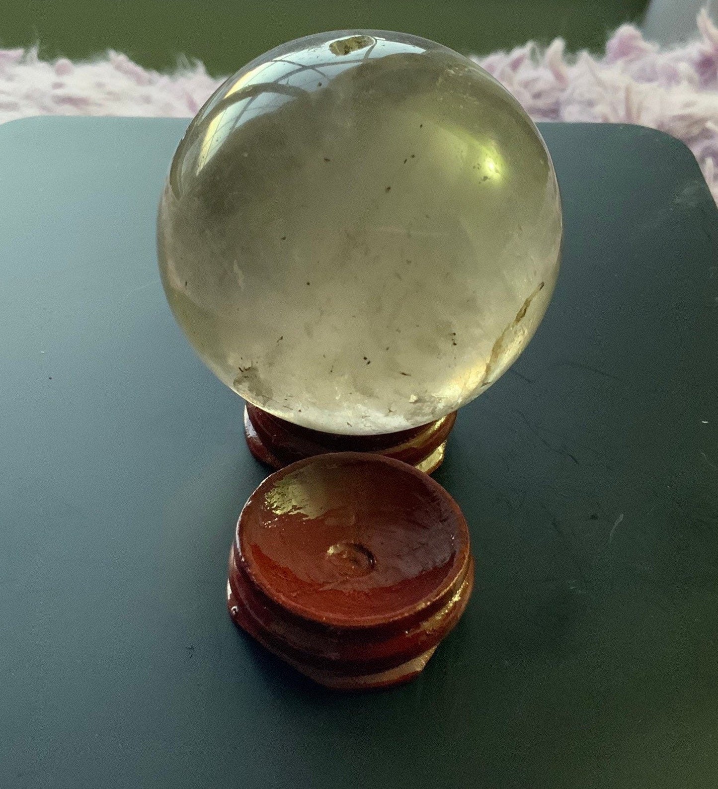 Beautiful 9.7 oz crystal clear quartz sphere crystal ball with wooden stand Smokey quartz