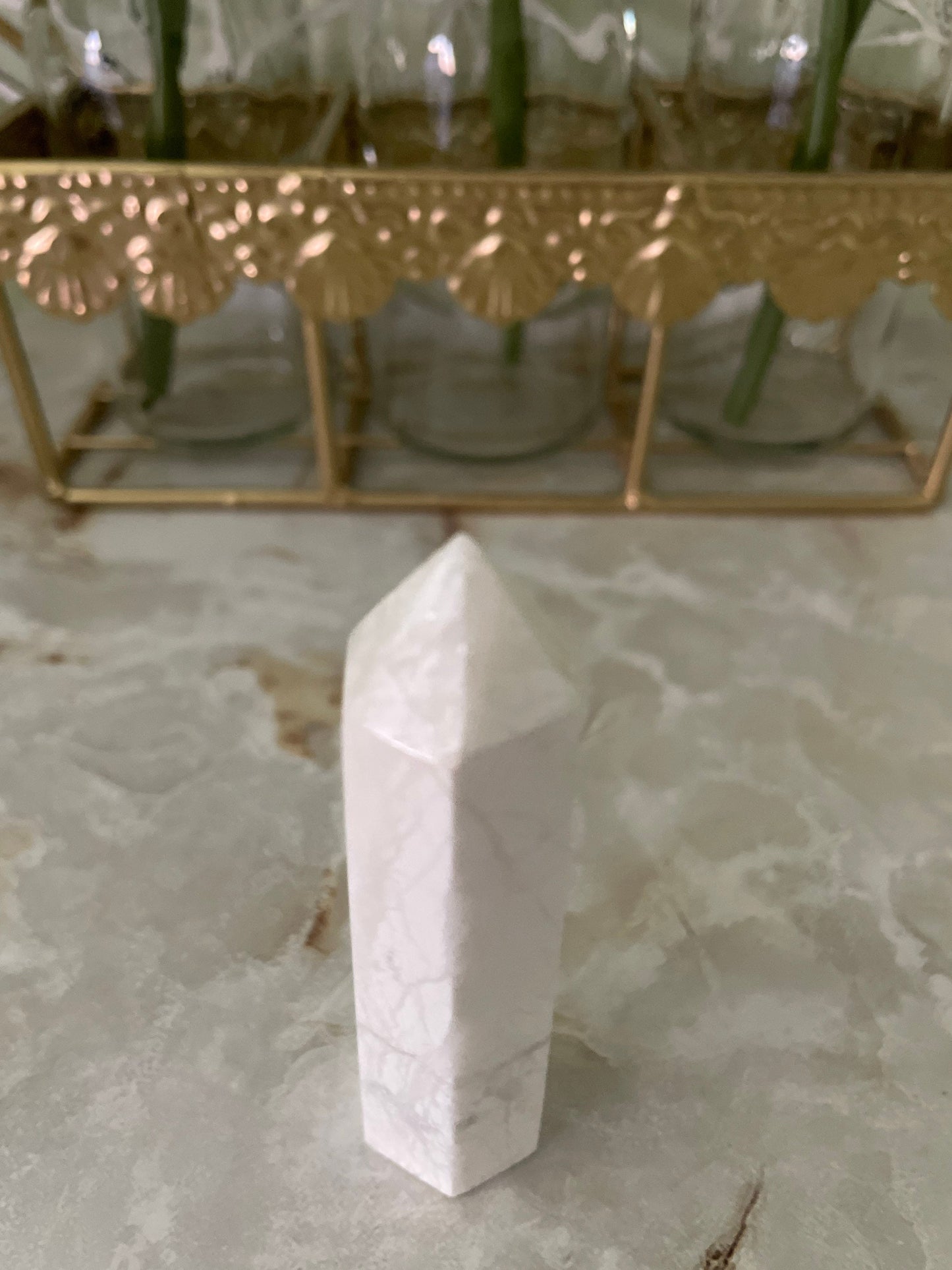 Gorgeous Howlite point crystal with beautiful cuts 3.13 inches