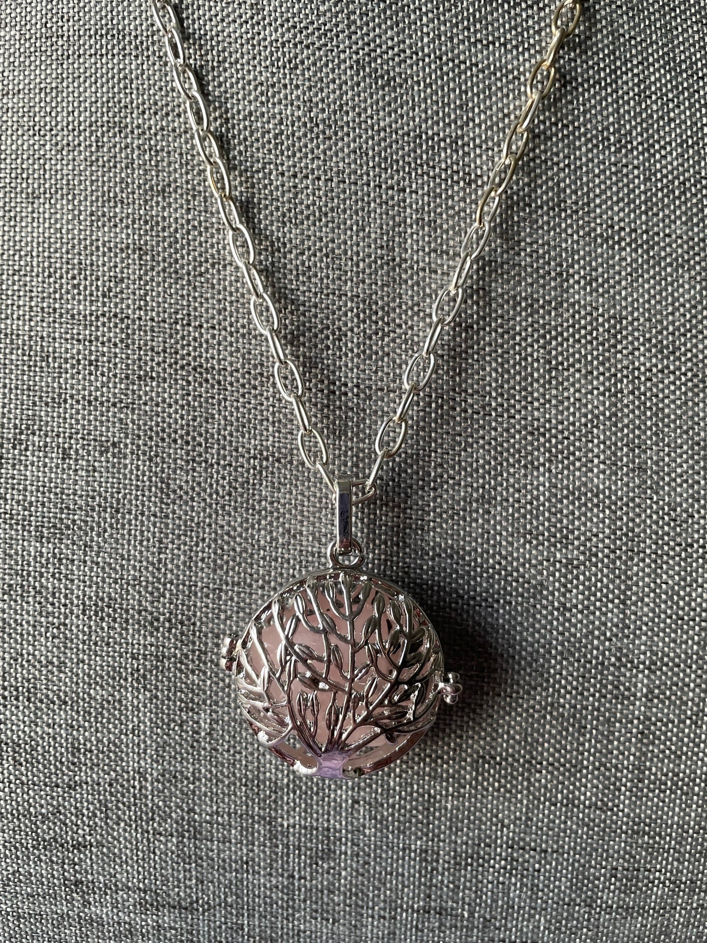 Silver round Tree of Life locket with 7 interchangeable crystals on 16+ inch silver plated chain