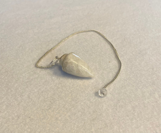 beautiful white Quartz pendulum is approximately 1 1/8” and with chain is 8.5” total length