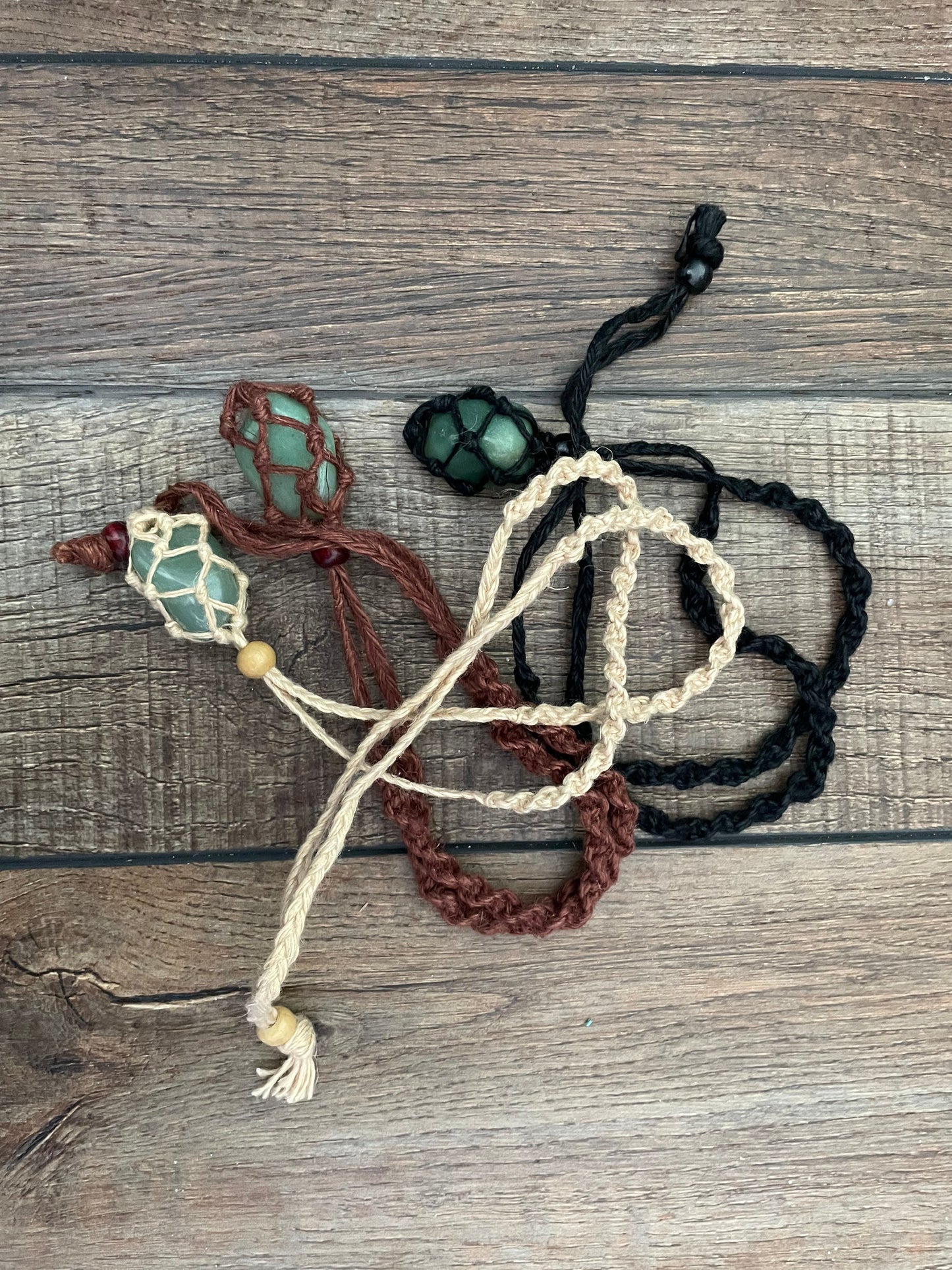 Uniquely crafted Hemp Macramé necklace with Aventurine crystal three colors to choose from