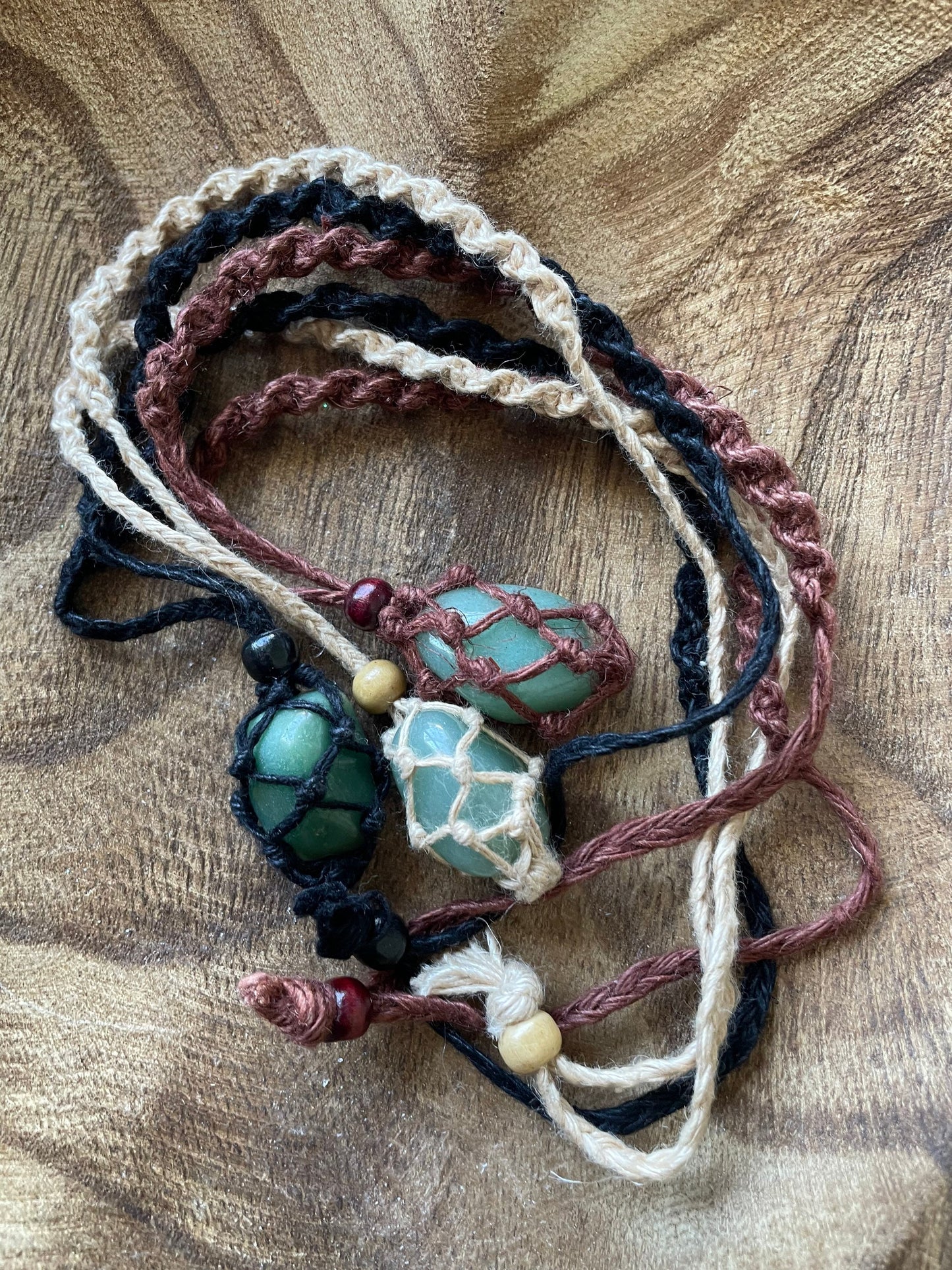 Uniquely crafted Hemp Macramé necklace with Aventurine crystal three colors to choose from