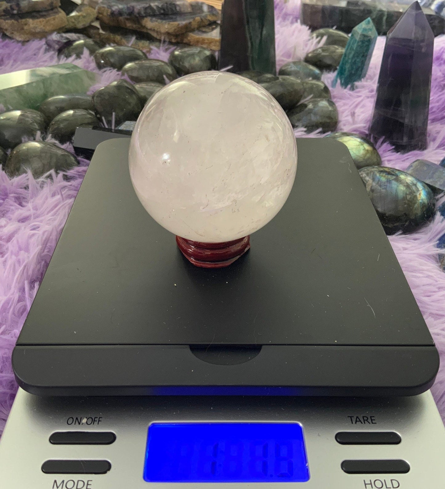 Beautiful 1 pound clear quartz sphere crystal ball with wooden stand