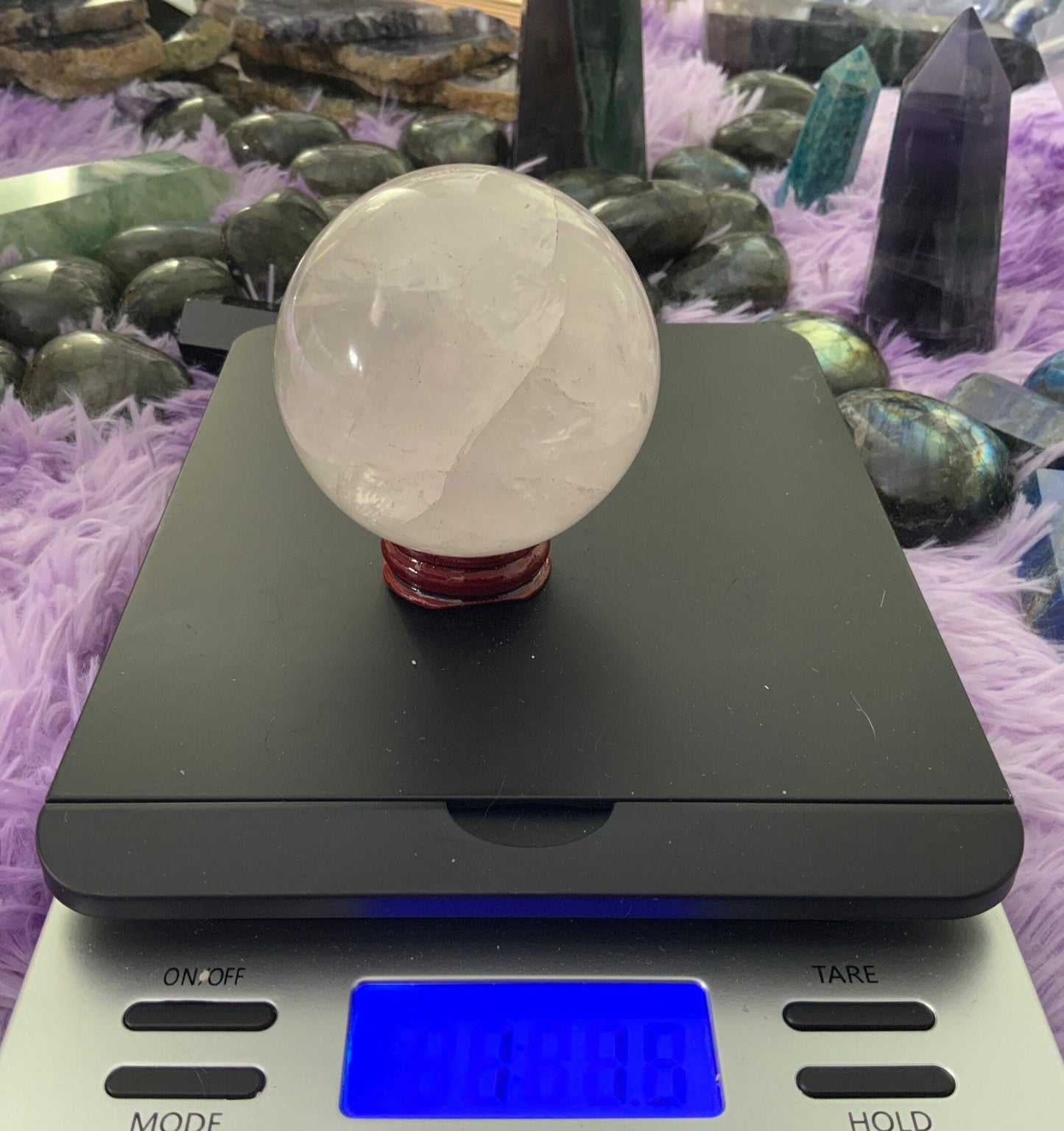 Beautiful 1 pound clear quartz sphere crystal ball with wooden stand