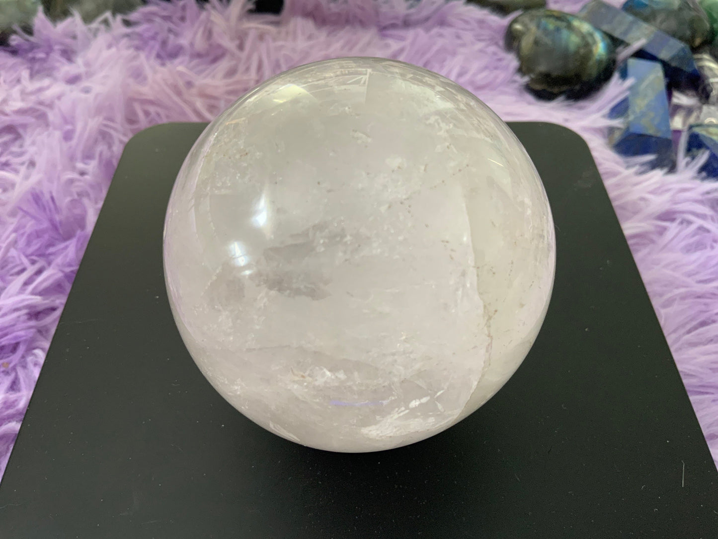 Beautiful 1 pound clear quartz sphere crystal ball with wooden stand