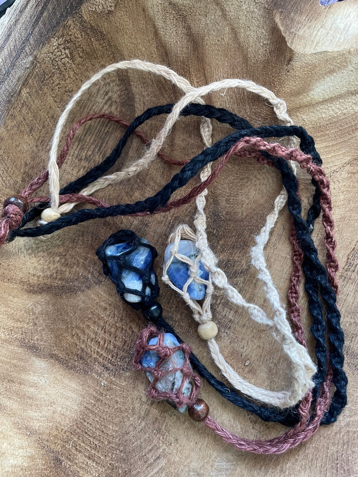 Uniquely crafted Hemp Macramé necklace with Sodalite crystal three colors to choose from