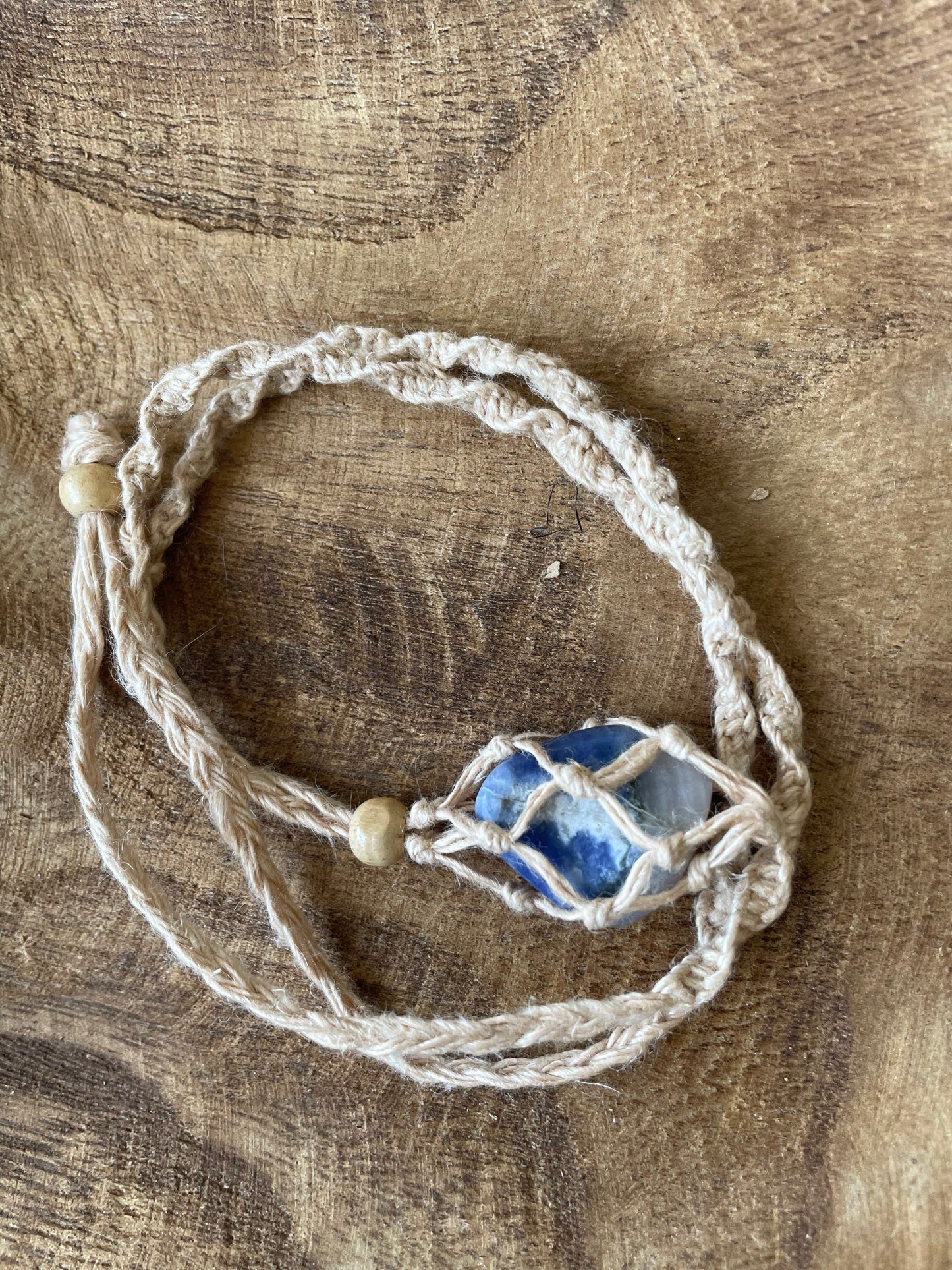 Uniquely crafted Hemp Macramé necklace with Sodalite crystal three colors to choose from