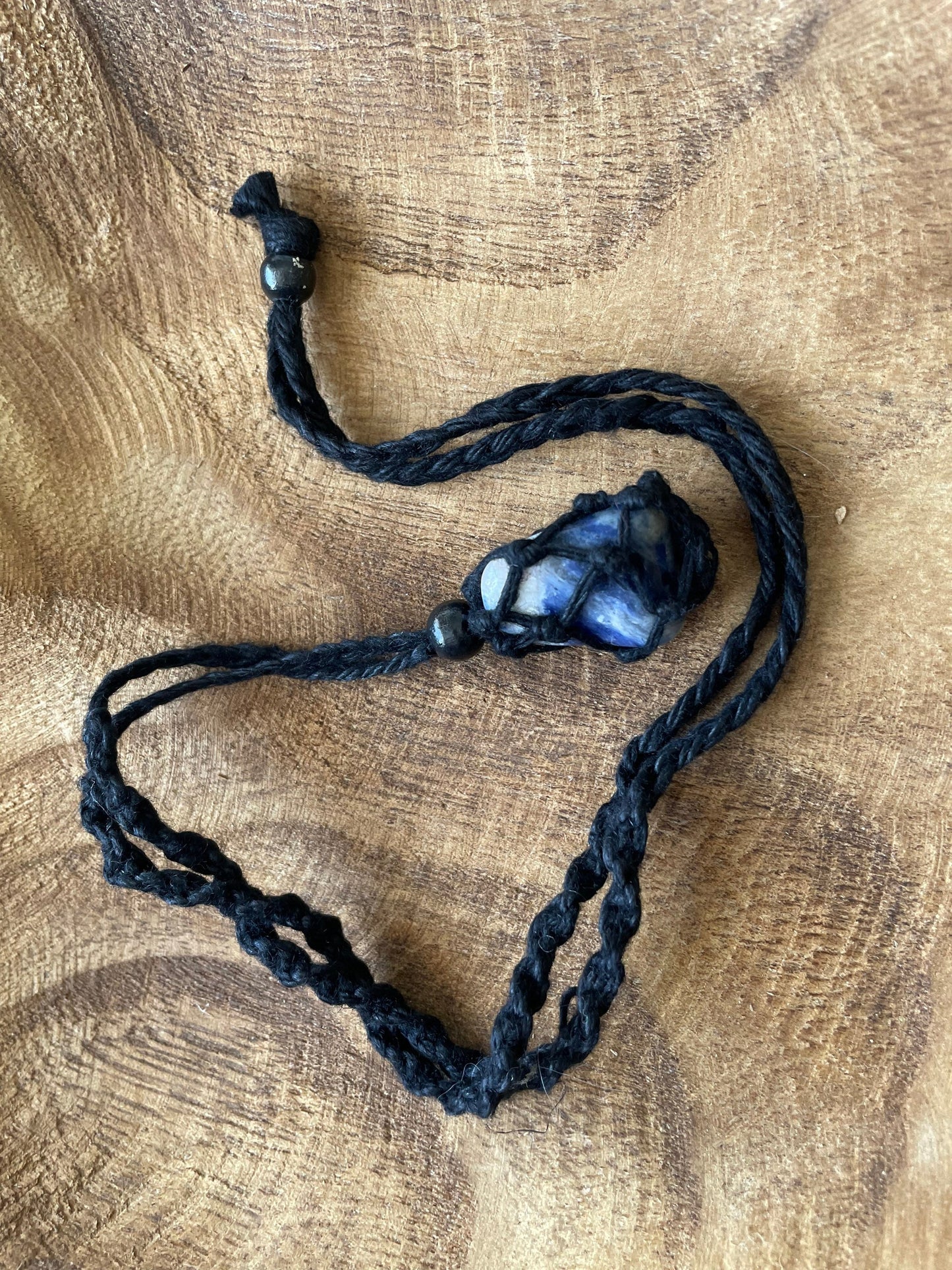 Uniquely crafted Hemp Macramé necklace with Sodalite crystal three colors to choose from