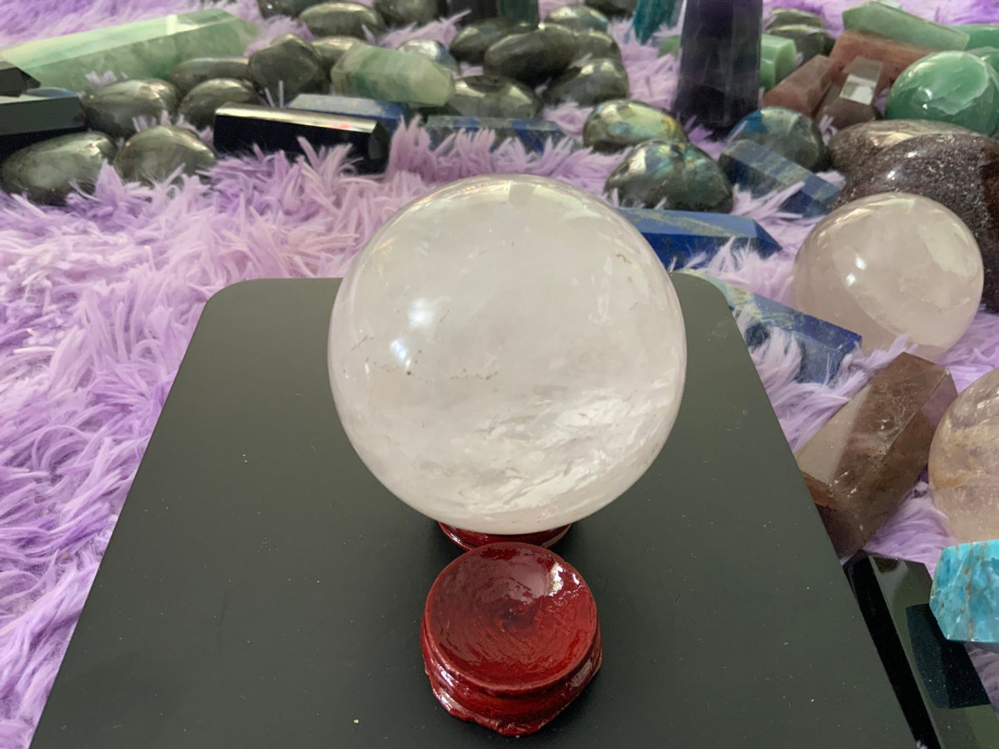 Beautiful 1 pound clear quartz sphere crystal ball with wooden stand