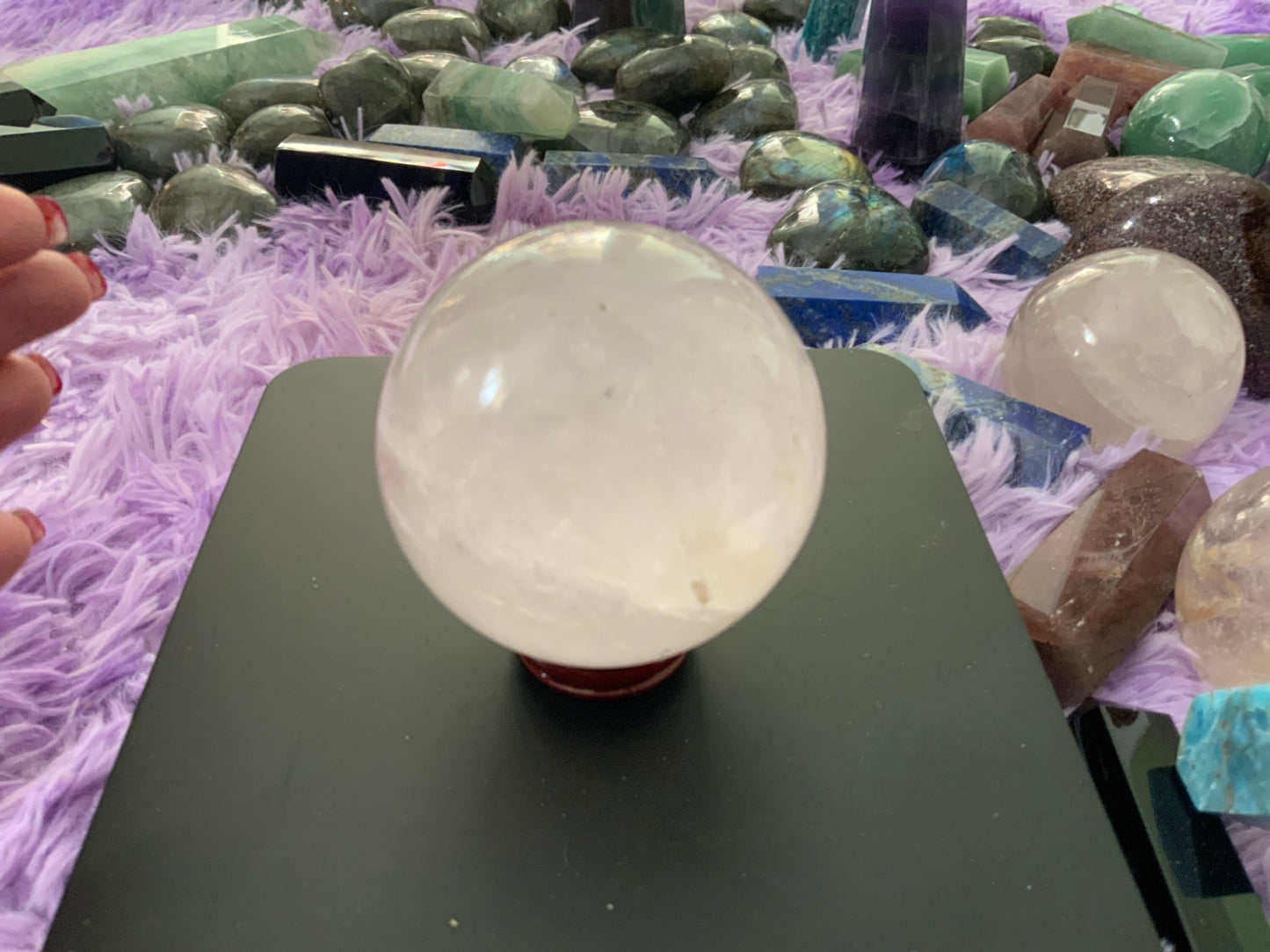 Beautiful 1 pound clear quartz sphere crystal ball with wooden stand