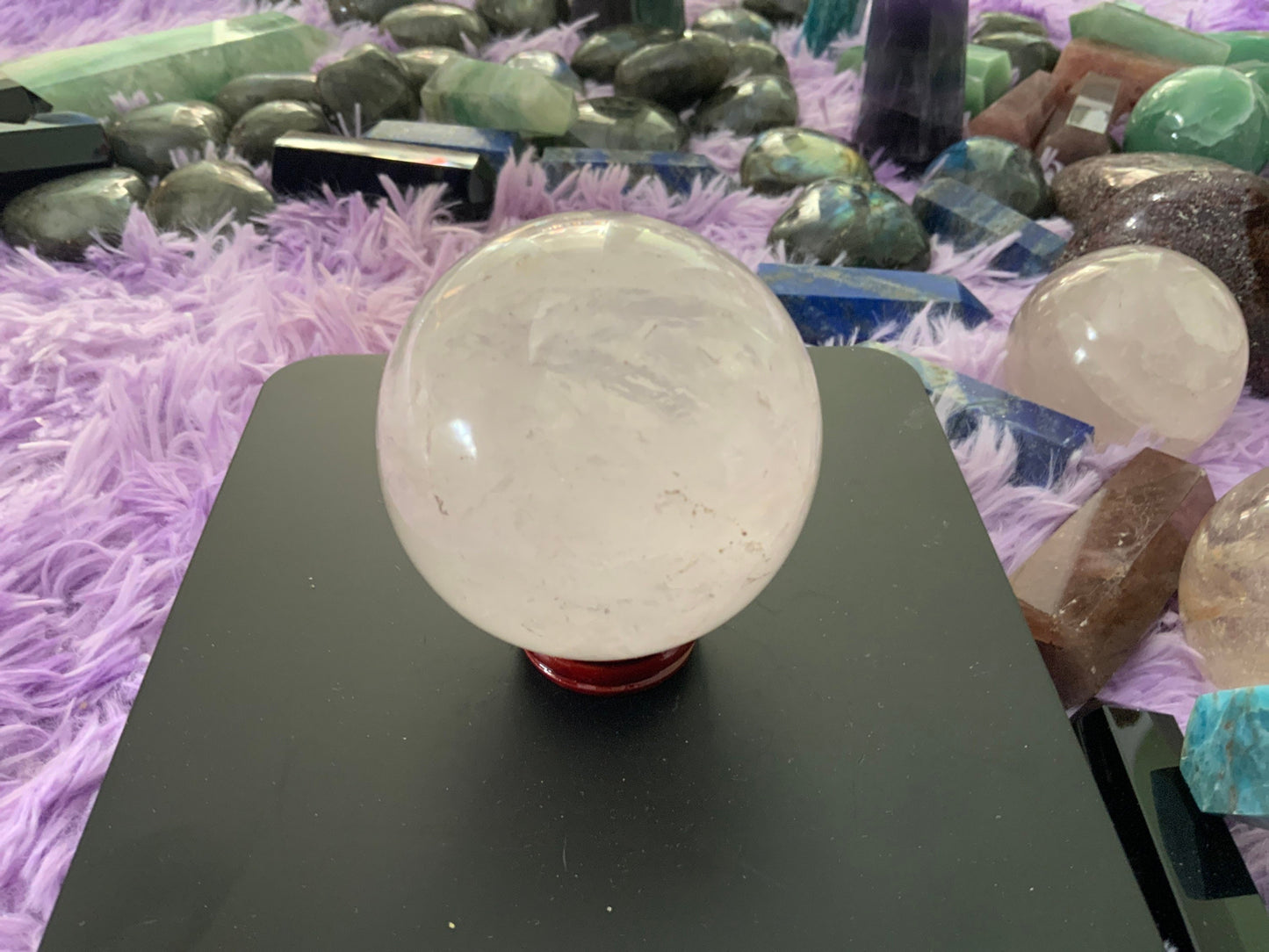 Beautiful 1 pound clear quartz sphere crystal ball with wooden stand