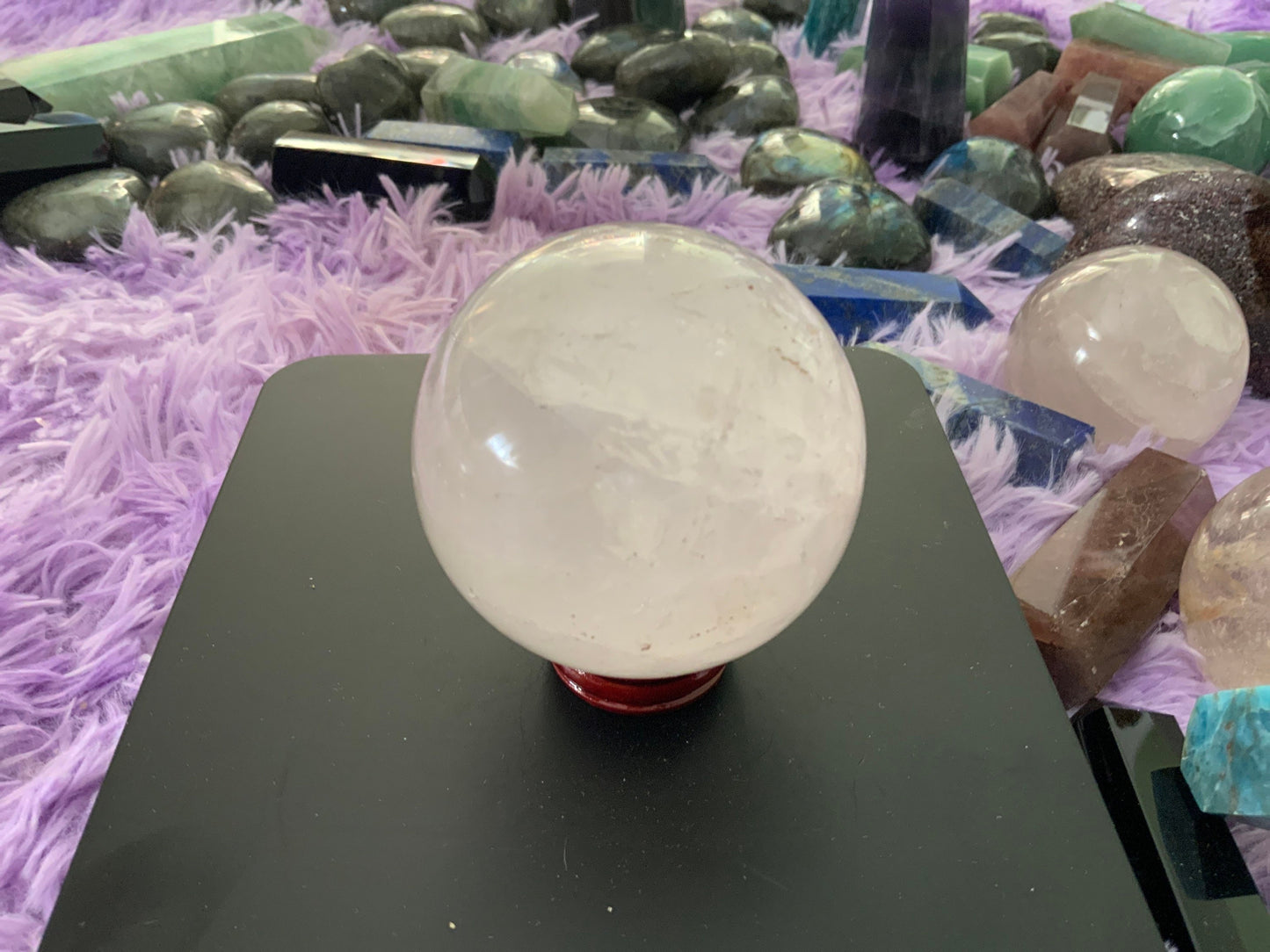 Beautiful 1 pound clear quartz sphere crystal ball with wooden stand