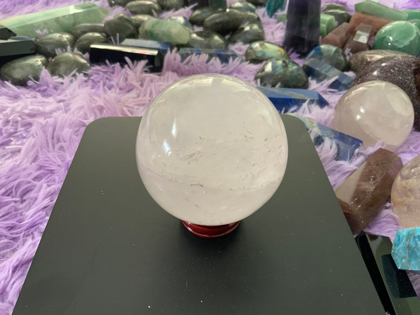 Beautiful 1 pound clear quartz sphere crystal ball with wooden stand