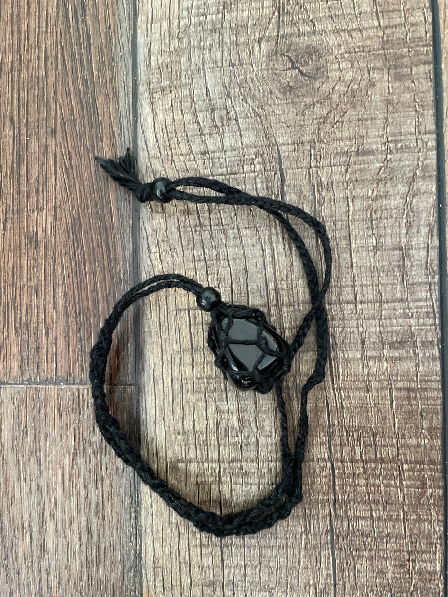 Uniquely crafted Hemp Macramé necklace with Obsidian crystal three colors to choose from