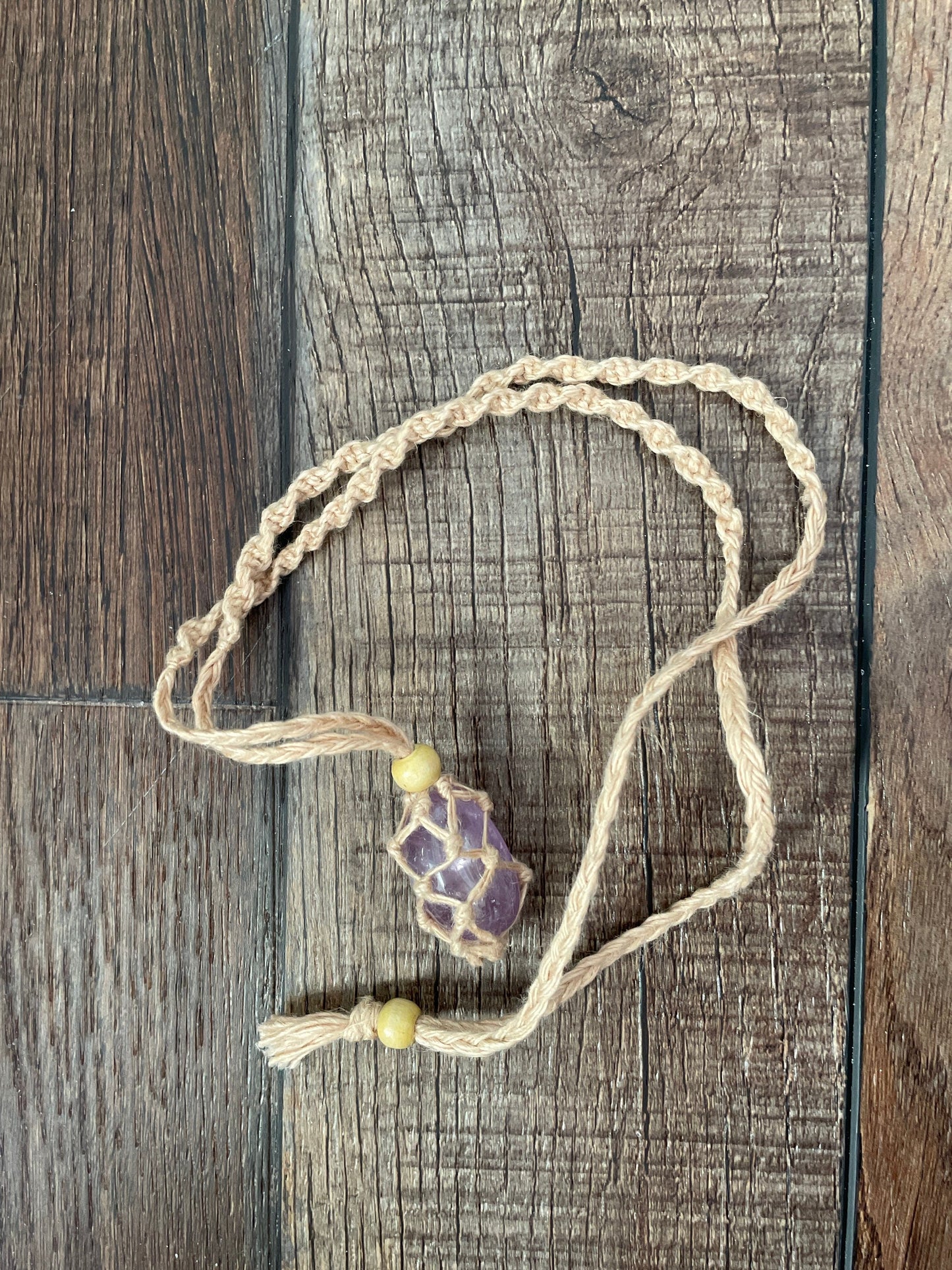 Uniquely crafted Hemp Macramé necklace with Amethyst crystal three colors to choose from
