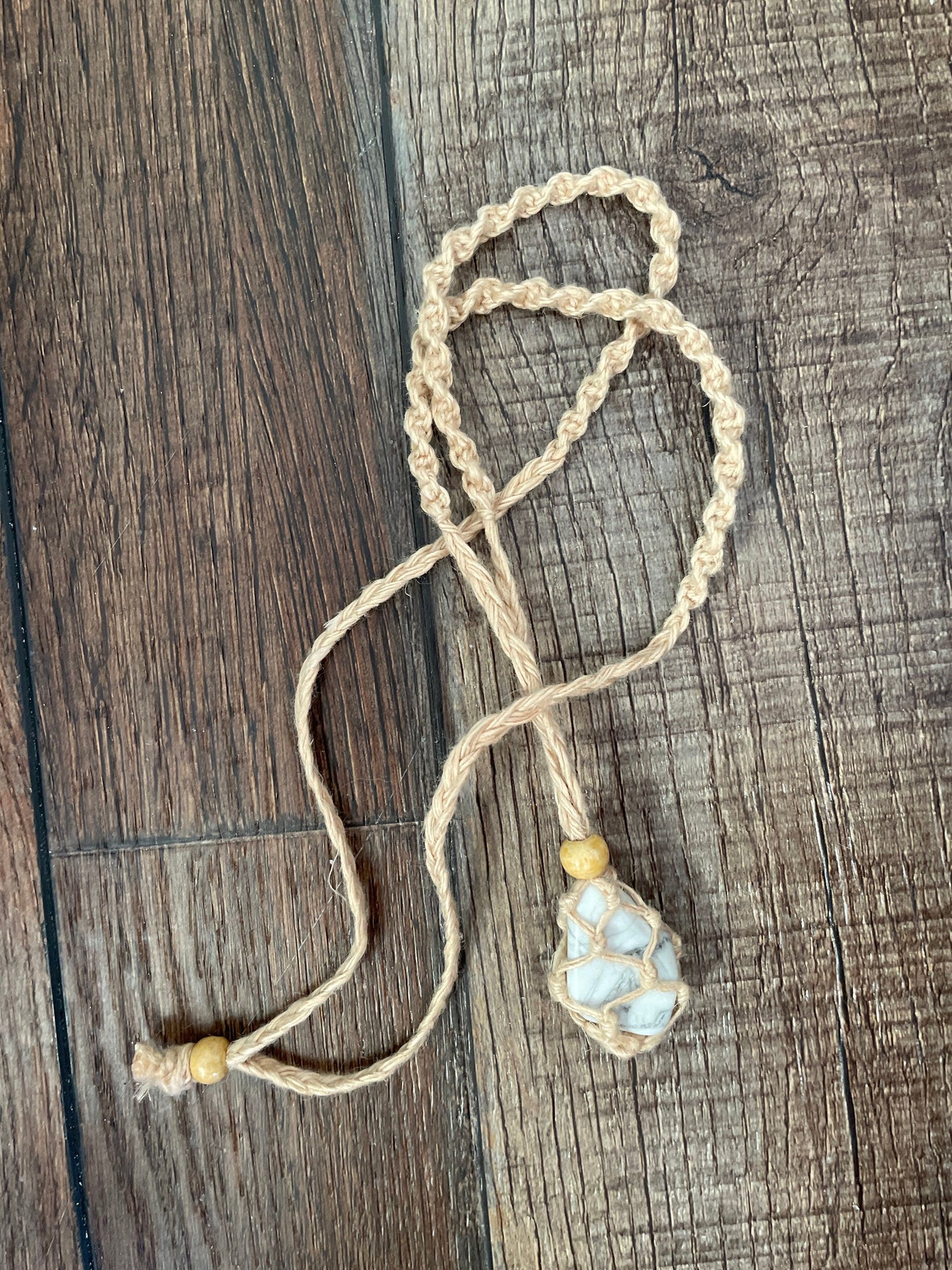 Uniquely crafted Hemp Macramé necklace with Howlite crystal three colors to choose from