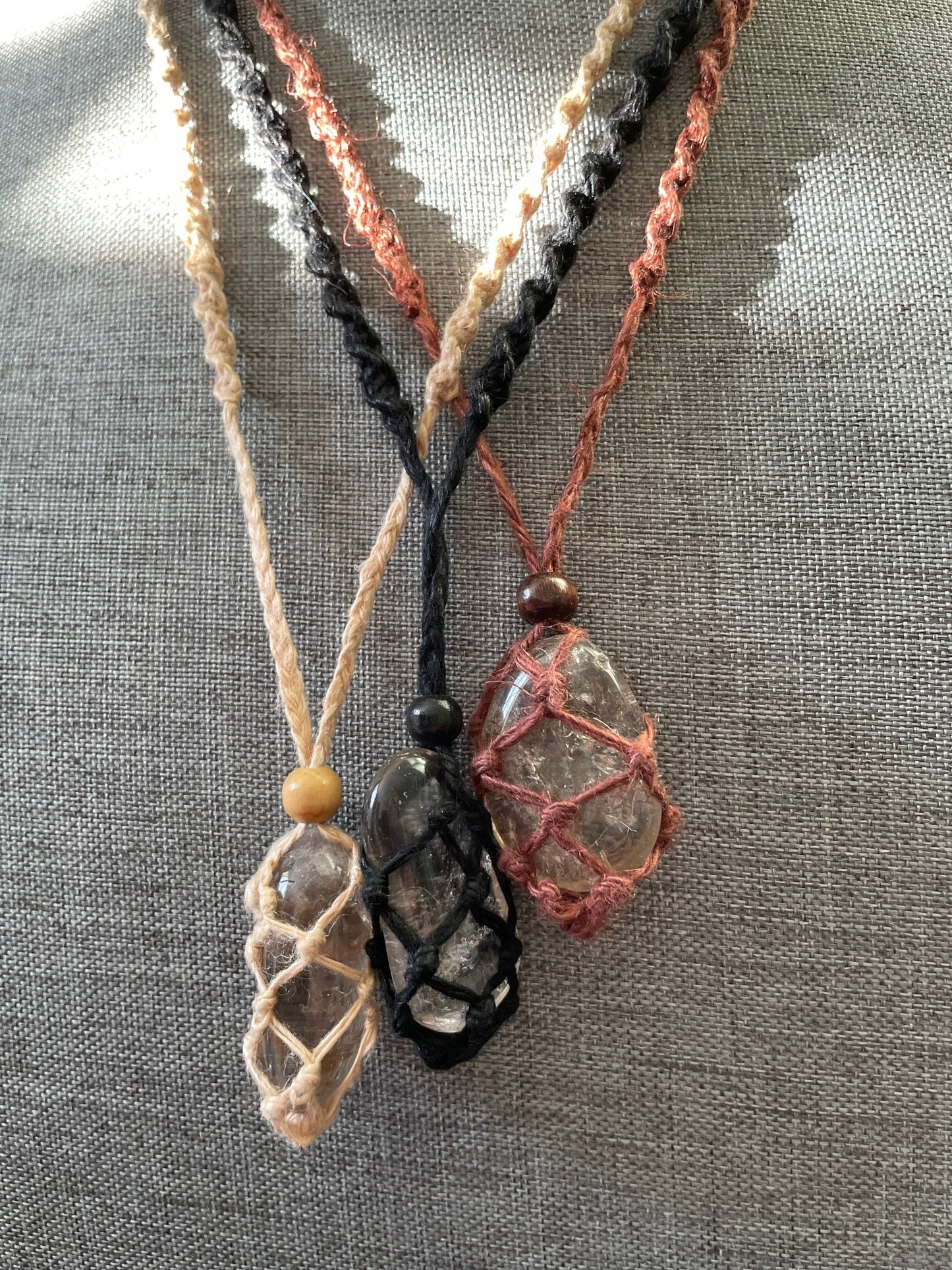 Uniquely crafted Hemp Macramé necklace with Smoky Quartz crystal three colors to choose from