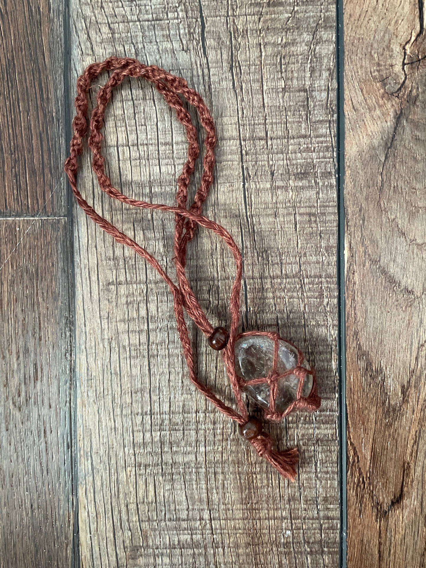 Uniquely crafted Hemp Macramé necklace with Smoky Quartz crystal three colors to choose from