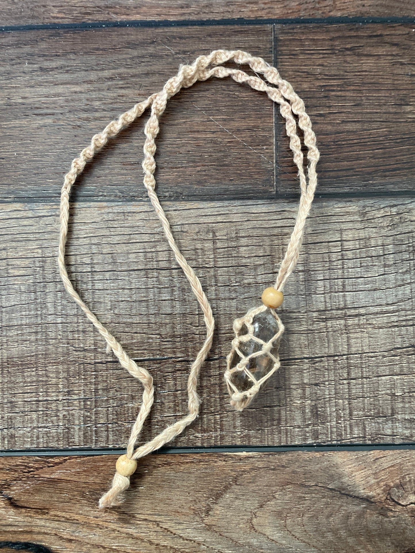 Uniquely crafted Hemp Macramé necklace with Smoky Quartz crystal three colors to choose from