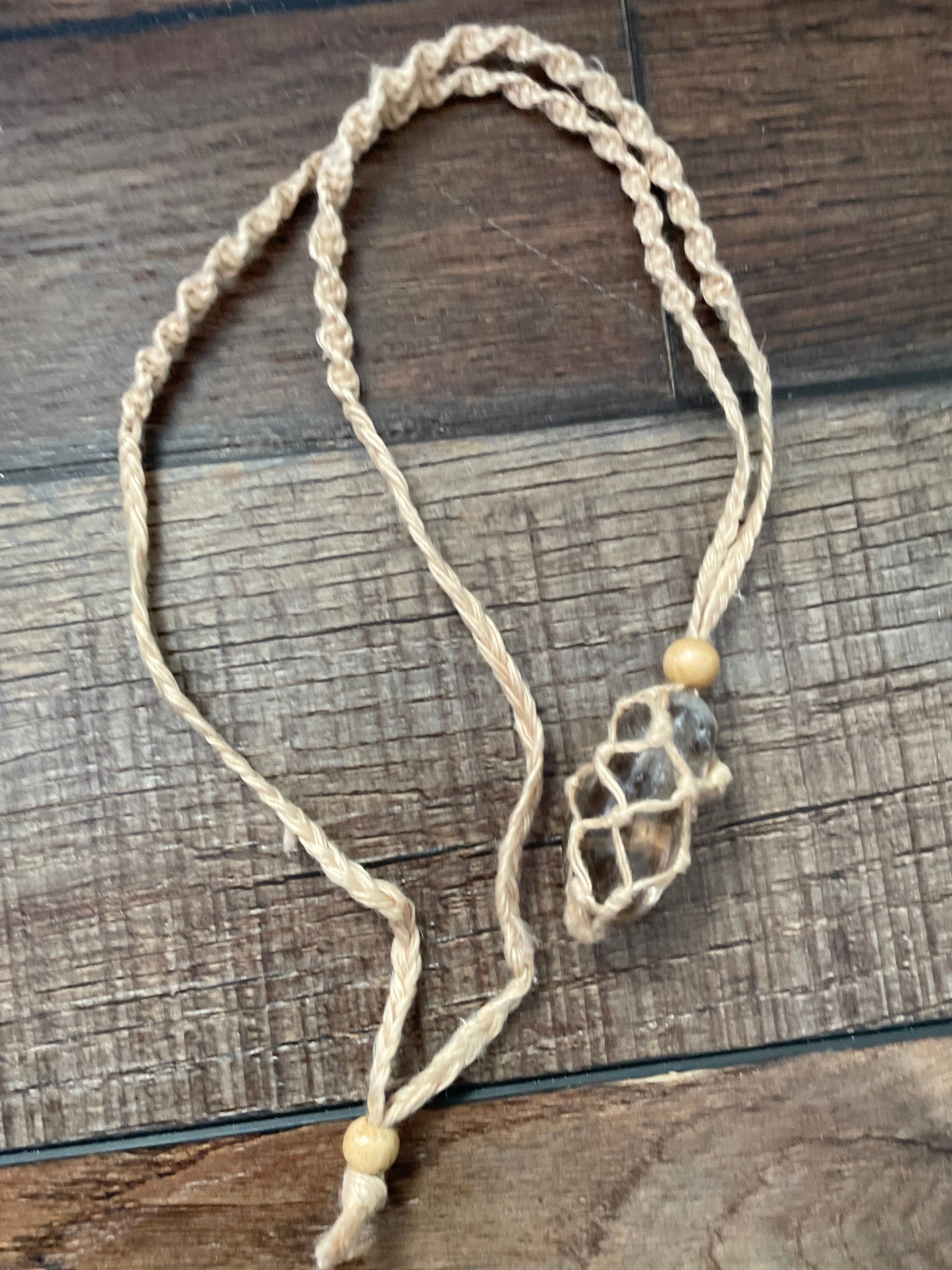 Uniquely crafted Hemp Macramé necklace with Smoky Quartz crystal three colors to choose from