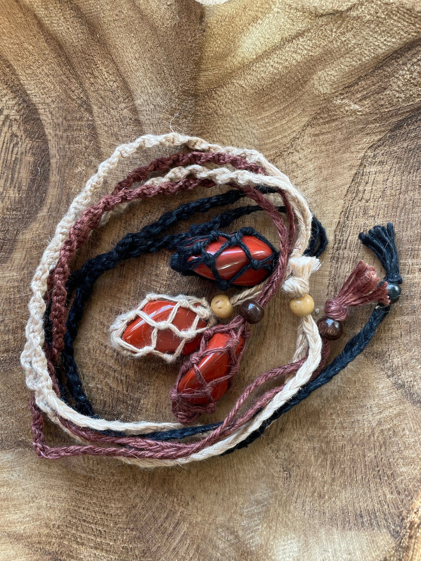 Uniquely crafted Hemp Macramé necklace with Red Jasper crystal three colors to choose from