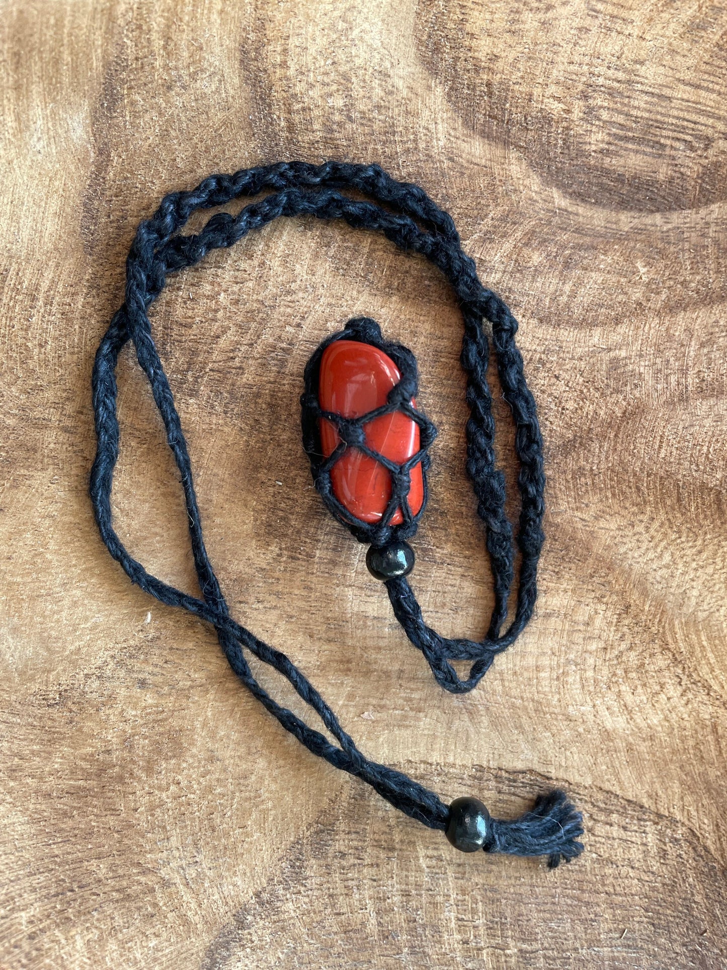 Uniquely crafted Hemp Macramé necklace with Red Jasper crystal three colors to choose from