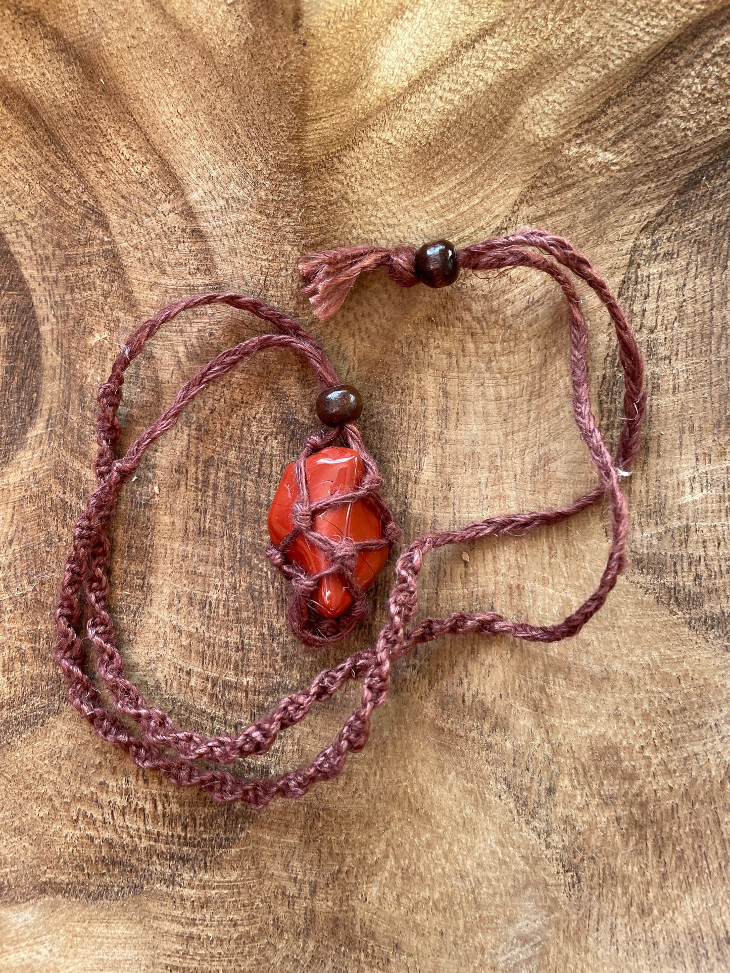 Uniquely crafted Hemp Macramé necklace with Red Jasper crystal three colors to choose from